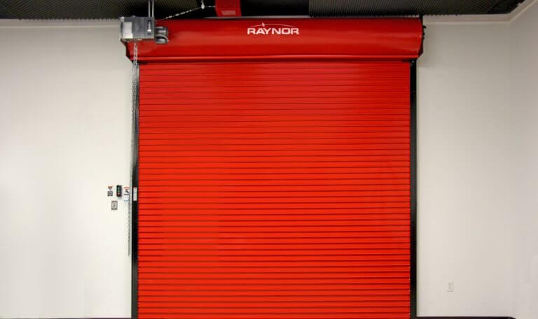Red Raynor fire-rated commercial rolling door