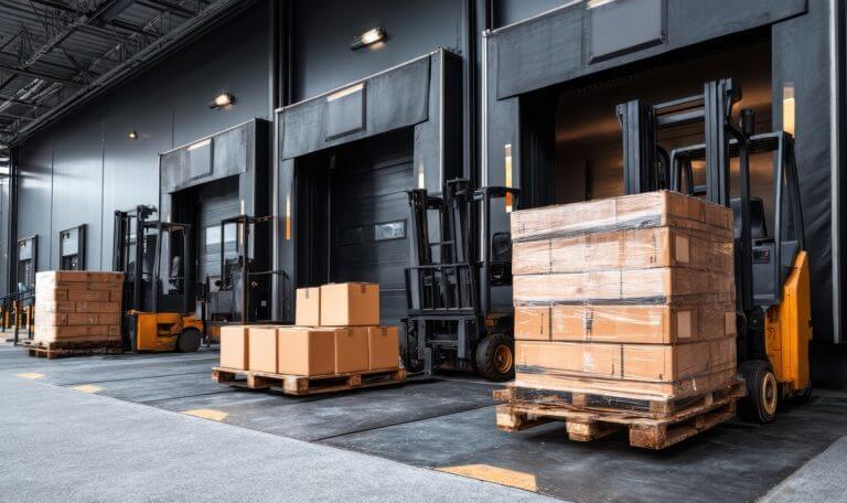 Forklifts and pallets at commercial loading dock bays