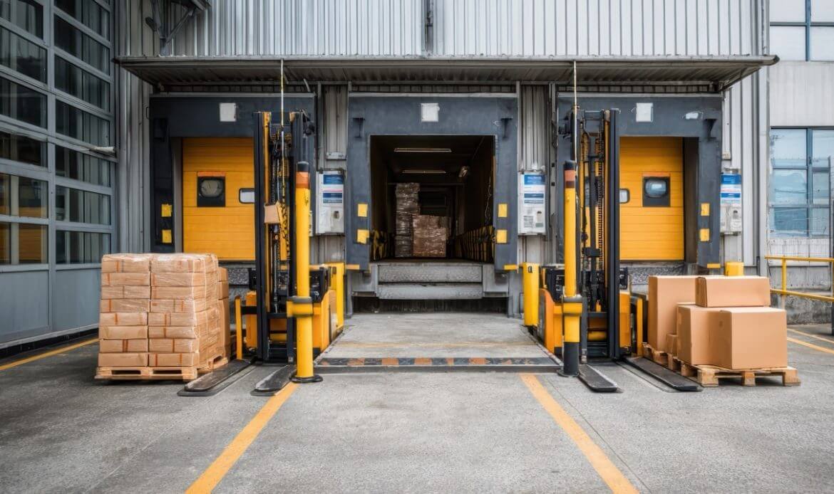 Loading dock area with forklifts, pallets, and dock doors