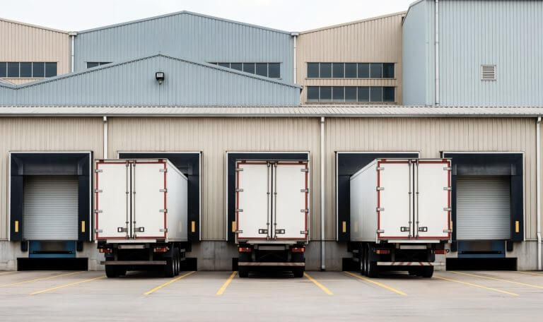 Dock shelters with trailers backed into warehouse loading bays